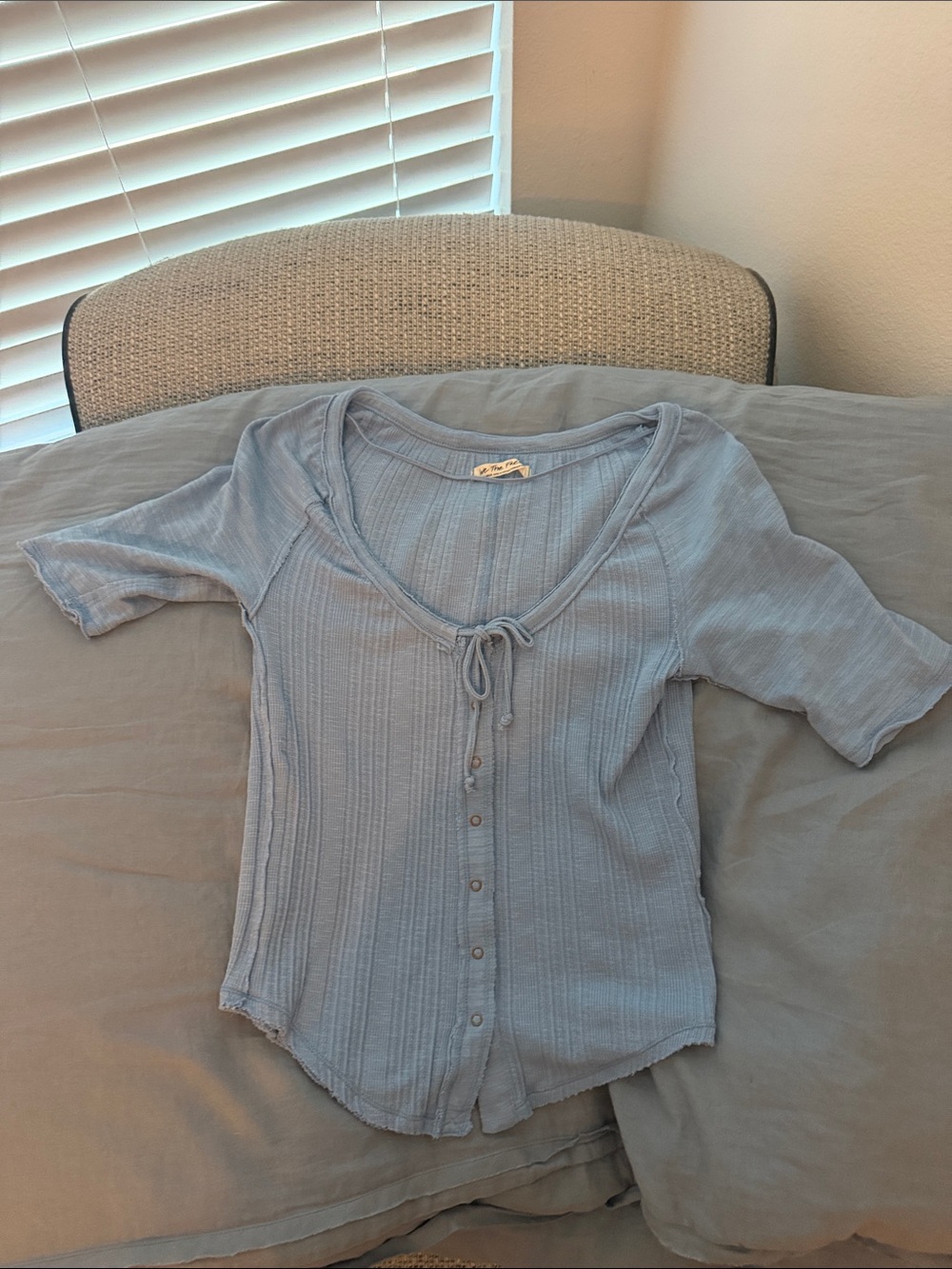 We The Free Light Blue Ribbed Tie-Neck Button Front Top